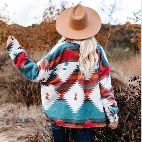 Aztec Shacket Turquoise Boho Western Jacket - Picture 2 of 11
